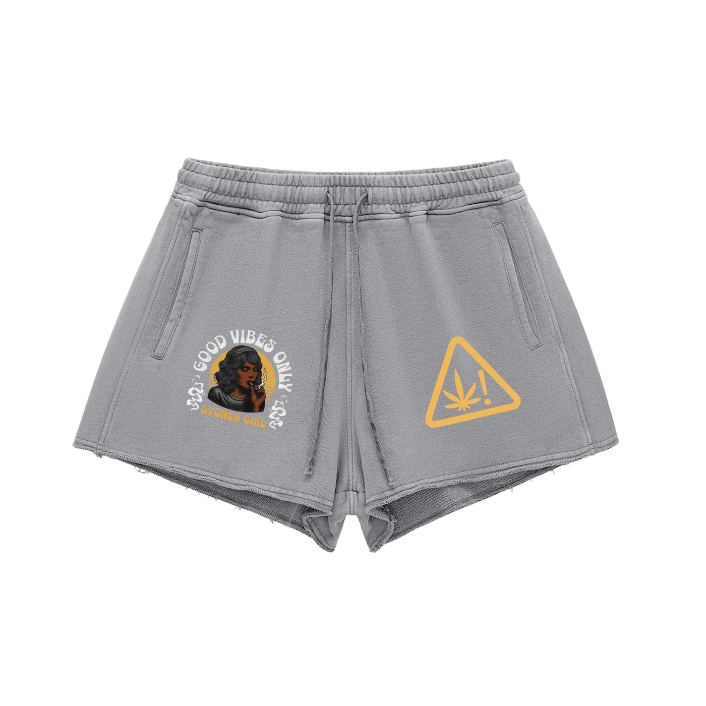"Stoner Girl" Snow Washed Raw Edge Drawstring Shorts