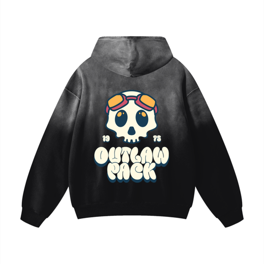 "Motorcycle Skull" Heavyweight Pure Cotton Handcrafted Monkey Wash Drop Shoulder Oversized Hoodie
