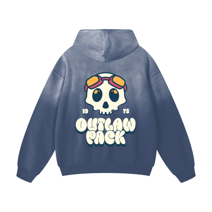 "Motorcycle Skull" Heavyweight Pure Cotton Handcrafted Monkey Wash Drop Shoulder Oversized Hoodie