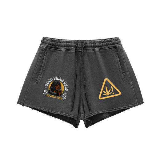"Stoner Girl" Snow Washed Raw Edge Drawstring Shorts